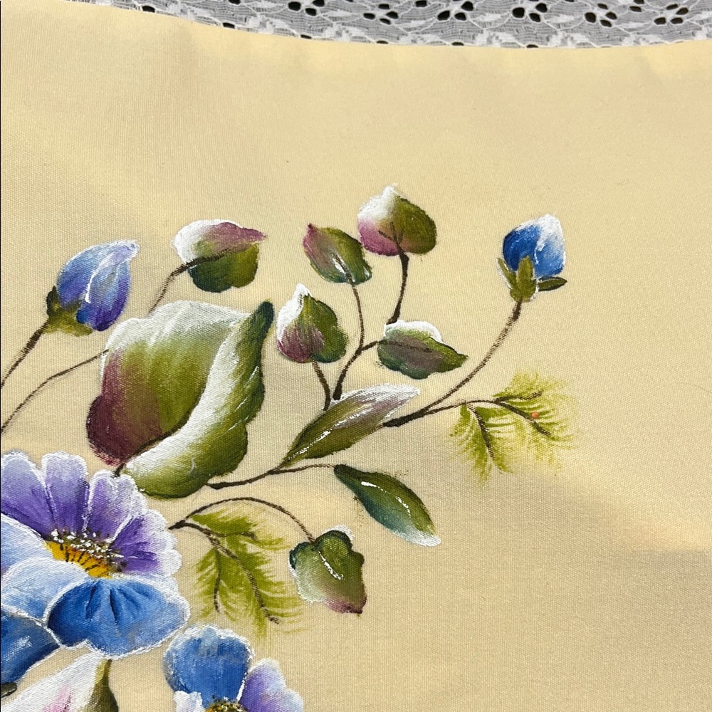 Hand painted Floral Pillow case with Lace Trim - Picture 6 of 9
